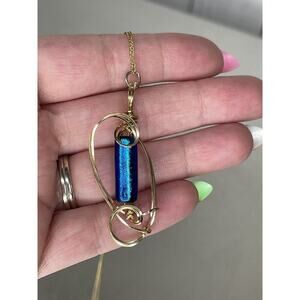Vintage 14K Gold Filled GF Cable Chain Necklace Blue Wire Wrap Pendant Art